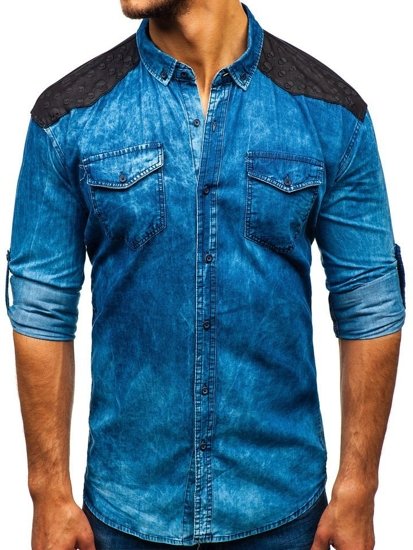 Camicia denim in motivo a manica lunga da uomo azzurra Bolf 0517