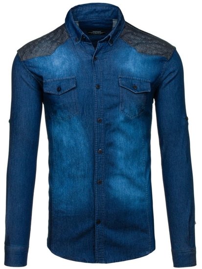 Camicia denim in motivo a manica lunga da uomo blu Bolf 0517