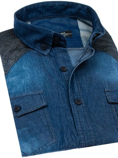 Camicia denim in motivo a manica lunga da uomo blu Bolf 0517