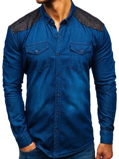 Camicia denim in motivo a manica lunga da uomo blu Bolf 0517