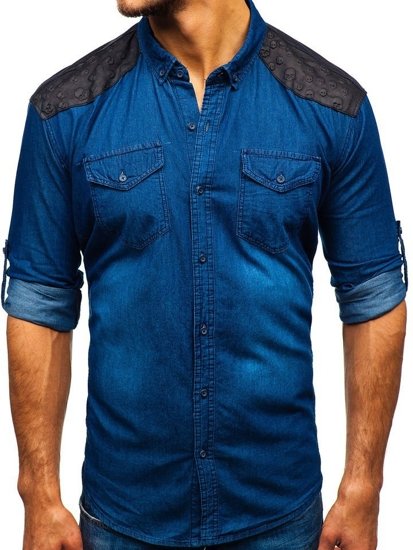 Camicia denim in motivo a manica lunga da uomo blu Bolf 0517