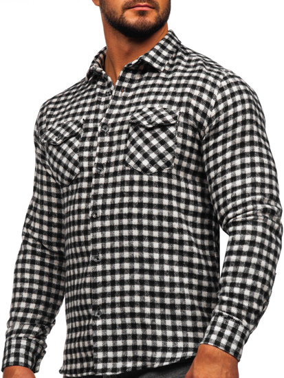 Camicia di flanella a maniche lunghe a scacchi da uomo nero y bianco Bolf 22701