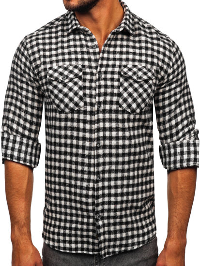 Camicia di flanella a maniche lunghe a scacchi da uomo nero y bianco Bolf 22701