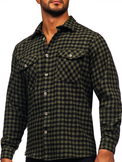 Camicia di flanella a maniche lunghe a scacchi da uomo verde Bolf 22701