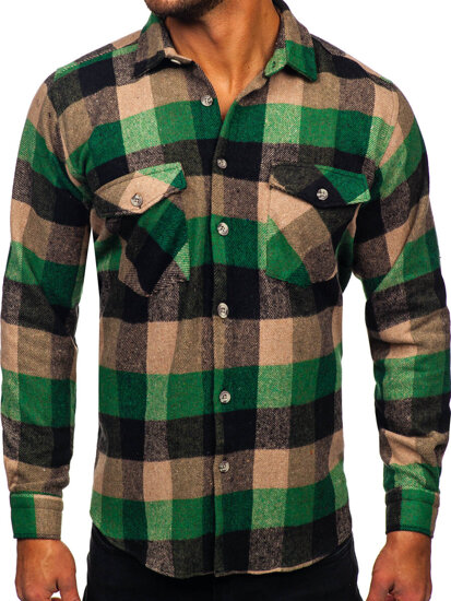 Camicia di flanella a maniche lunghe da uomo verde Bolf 20723