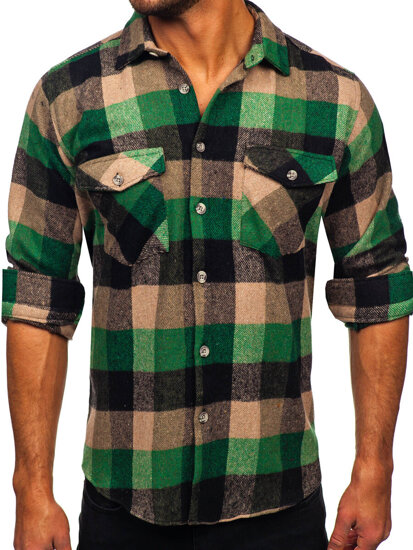 Camicia di flanella a maniche lunghe da uomo verde Bolf 20723