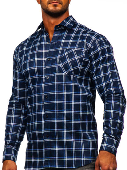 Camicia di flanella a quadri a maniche lunghe da uomo blu Bolf F3