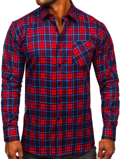 Camicia di flanella a quadri a maniche lunghe da uomo rosso-blu Bolf F3