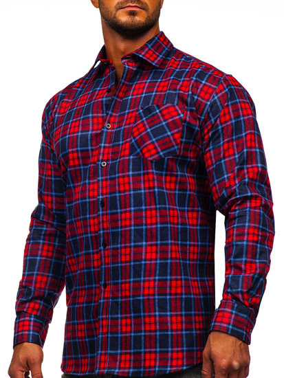 Camicia di flanella a quadri a maniche lunghe da uomo rosso-blu Bolf F3