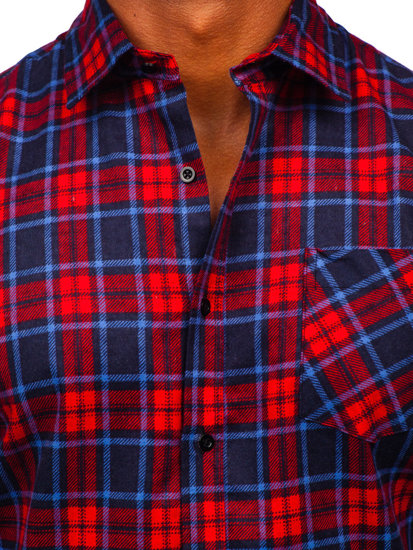 Camicia di flanella a quadri a maniche lunghe da uomo rosso-blu Bolf F3