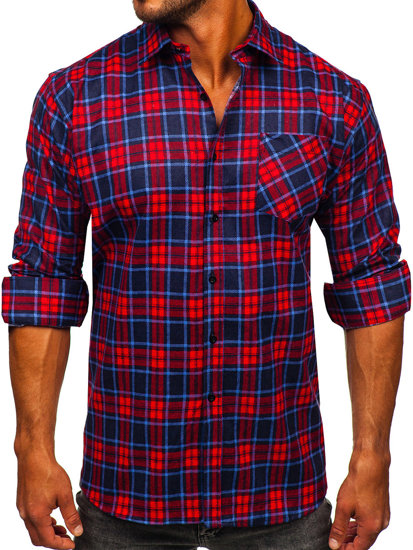 Camicia di flanella a quadri a maniche lunghe da uomo rosso-blu Bolf F3