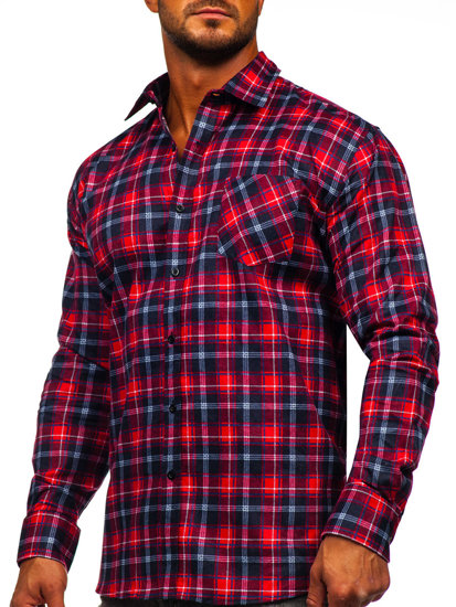 Camicia di flanella a quadri a maniche lunghe da uomo rosso-nero Bolf F3