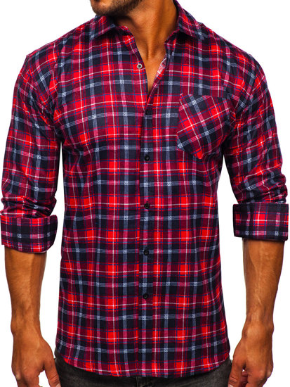 Camicia di flanella a quadri a maniche lunghe da uomo rosso-nero Bolf F3