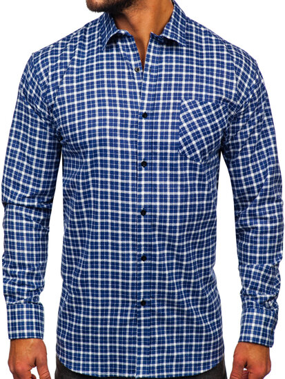 Camicia di flanella a scacchi a manica lunga da uomo bianco y blu Bolf F5