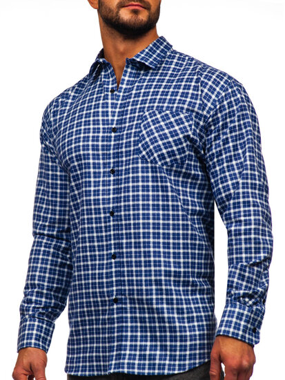 Camicia di flanella a scacchi a manica lunga da uomo bianco y blu Bolf F5