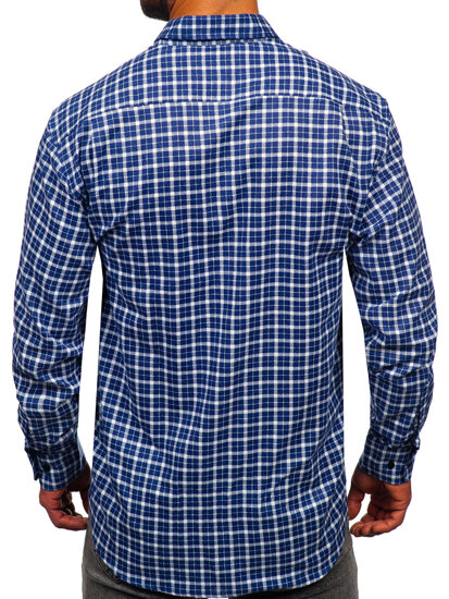 Camicia di flanella a scacchi a manica lunga da uomo bianco y blu Bolf F5