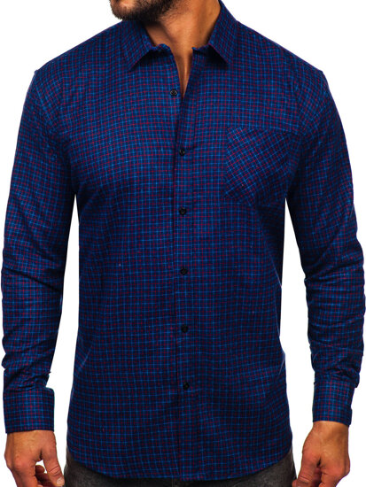 Camicia di flanella a scacchi a manica lunga da uomo blu Bolf F5