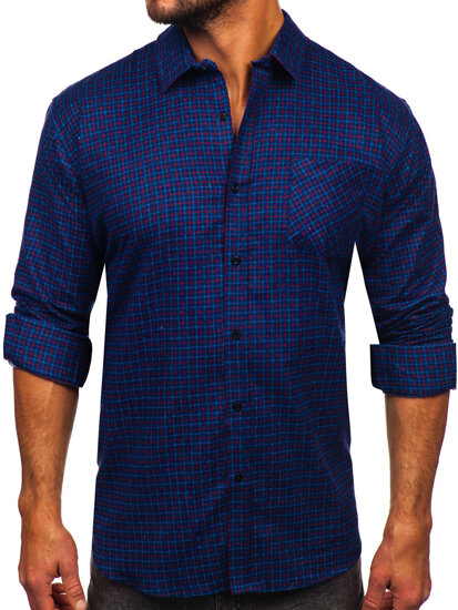 Camicia di flanella a scacchi a manica lunga da uomo blu Bolf F5