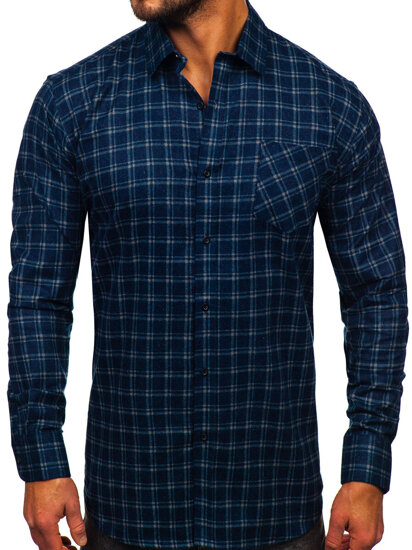 Camicia di flanella a scacchi a manica lunga da uomo blu Bolf F6