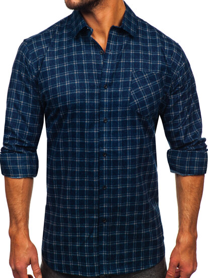 Camicia di flanella a scacchi a manica lunga da uomo blu Bolf F6