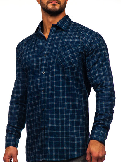 Camicia di flanella a scacchi a manica lunga da uomo blu Bolf F6