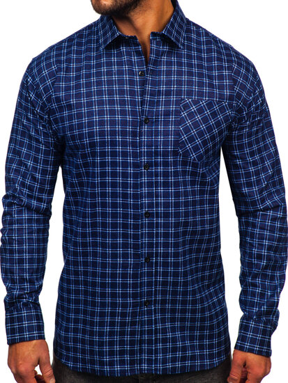 Camicia di flanella a scacchi a manica lunga da uomo blu-bianco Bolf F4