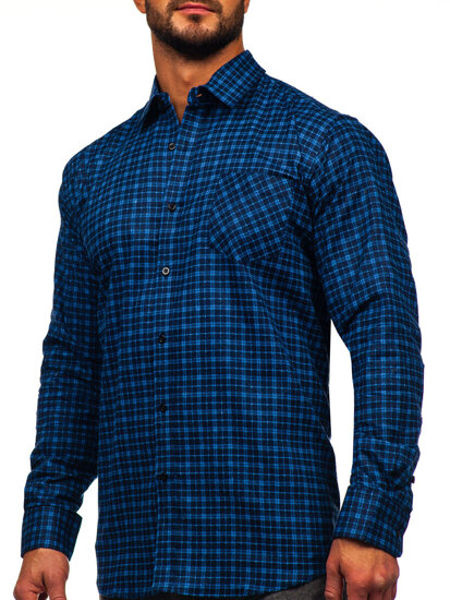 Camicia di flanella a scacchi a manica lunga da uomo blu y azzurro Bolf F5