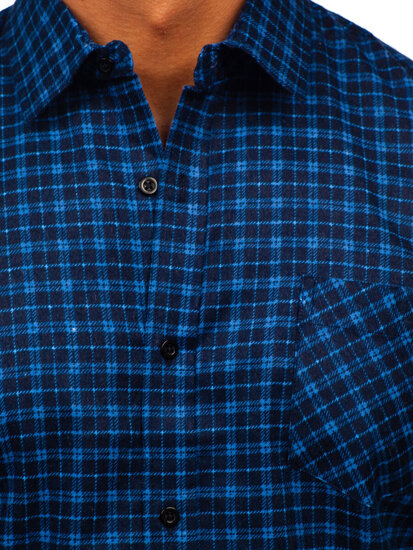 Camicia di flanella a scacchi a manica lunga da uomo blu y azzurro Bolf F5