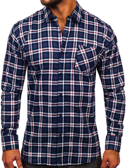 Camicia di flanella a scacchi a manica lunga da uomo blu y bianco Bolf F6