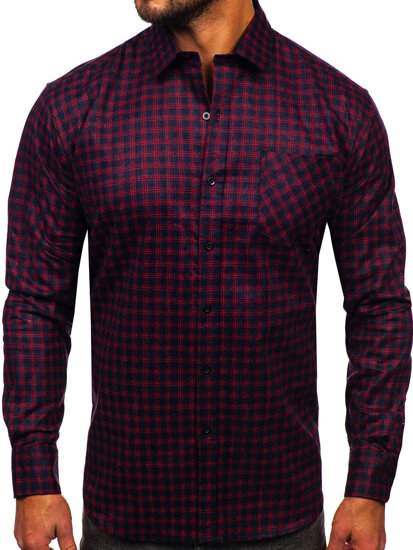 Camicia di flanella a scacchi a manica lunga da uomo rosso Bolf F4