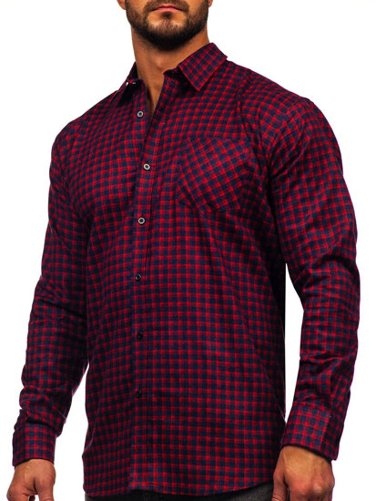 Camicia di flanella a scacchi a manica lunga da uomo rosso Bolf F5