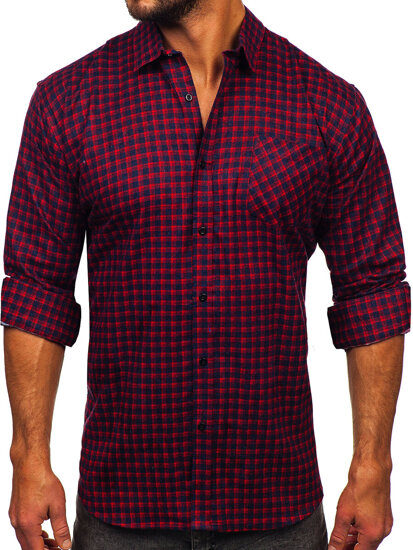 Camicia di flanella a scacchi a manica lunga da uomo rosso Bolf F5