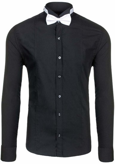 Camicia elegante a manica lunga da uomo nera Bolf 4702-A papillon + gemmelli