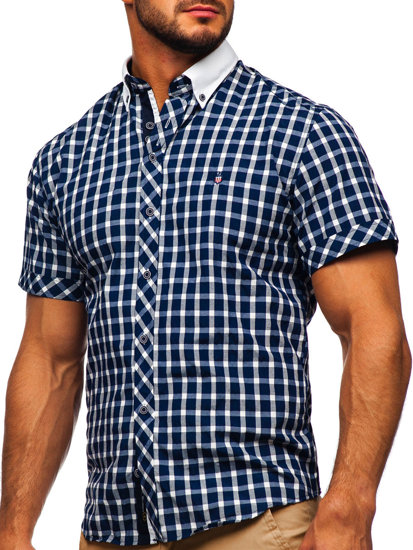 Camicia elegante a quadri a manica corta da uomo blu Bolf 5531