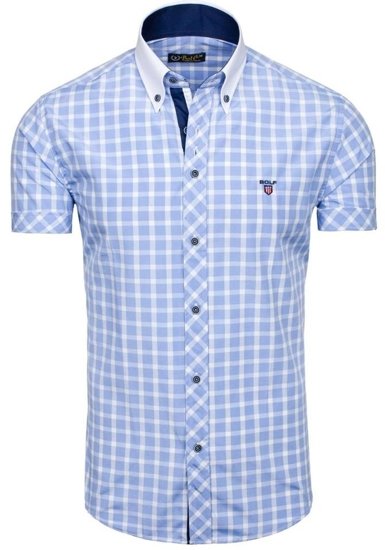 Camicia elegante a quadri a manica corta da uomo celeste Bolf 5531