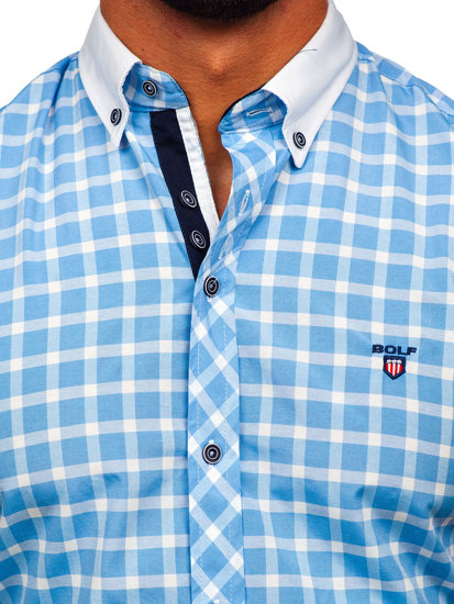 Camicia elegante a quadri a manica corta da uomo celeste Bolf 5531