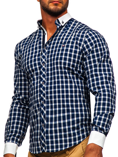 Camicia elegante a quadri a maniche lunghe da uomo blu Bolf 5737-1