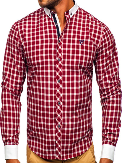 Camicia elegante a quadri a maniche lunghe da uomo bordò Bolf 5737-1