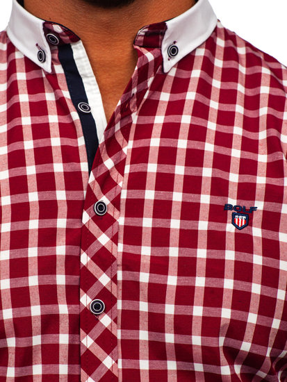 Camicia elegante a quadri a maniche lunghe da uomo bordò Bolf 5737-1