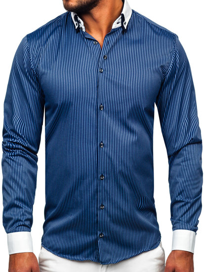 Camicia elegante a righe a manica lunga da uomo blu Bolf 0909