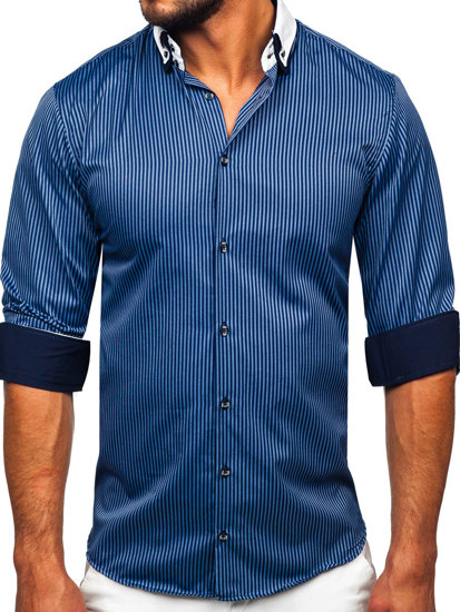 Camicia elegante a righe a manica lunga da uomo blu Bolf 0909