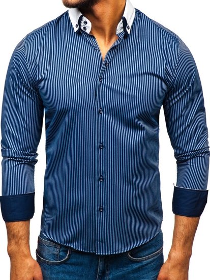 Camicia elegante a righe a manica lunga da uomo blu Bolf 0909-A