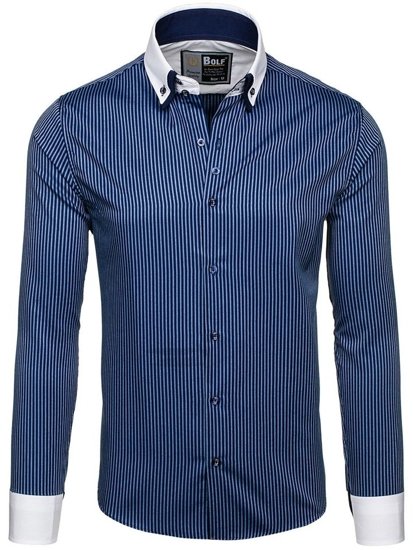 Camicia elegante a righe a manica lunga da uomo blu Bolf 0909-A