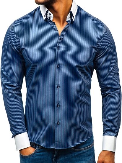 Camicia elegante a righe a manica lunga da uomo blu Bolf 0909-A