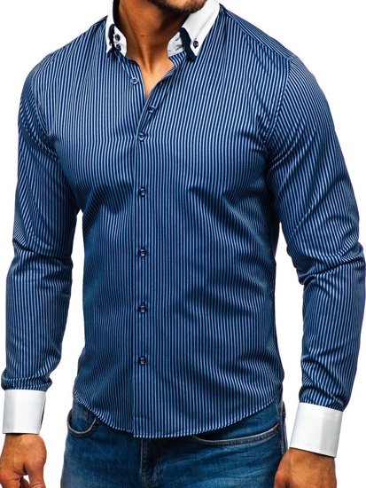 Camicia elegante a righe a manica lunga da uomo blu Bolf 0909-A