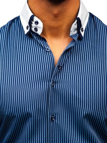 Camicia elegante a righe a manica lunga da uomo blu Bolf 0909-A