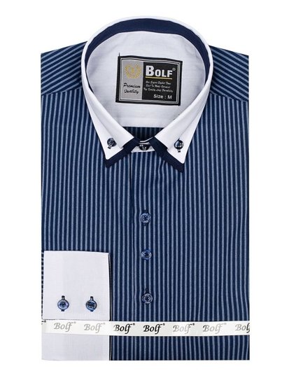 Camicia elegante a righe a manica lunga da uomo blu Bolf 0909-A