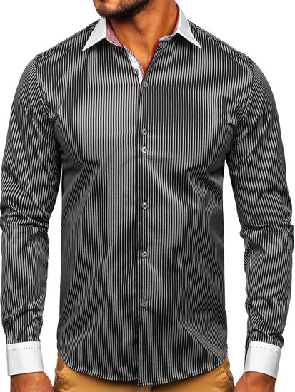 Camicia elegante a righe a manica lunga da uomo nera Bolf 4785