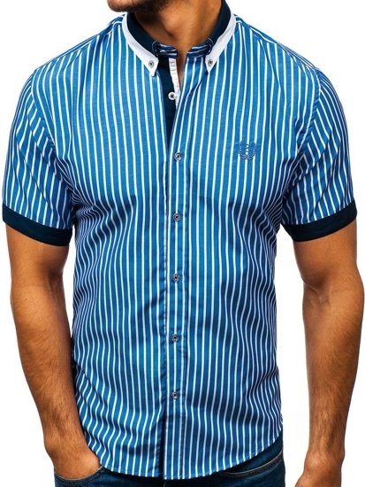 Camicia elegante a scacchi a manica corta da uomo azzurra Bolf 4501