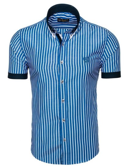 Camicia elegante a scacchi a manica corta da uomo azzurra Bolf 4501